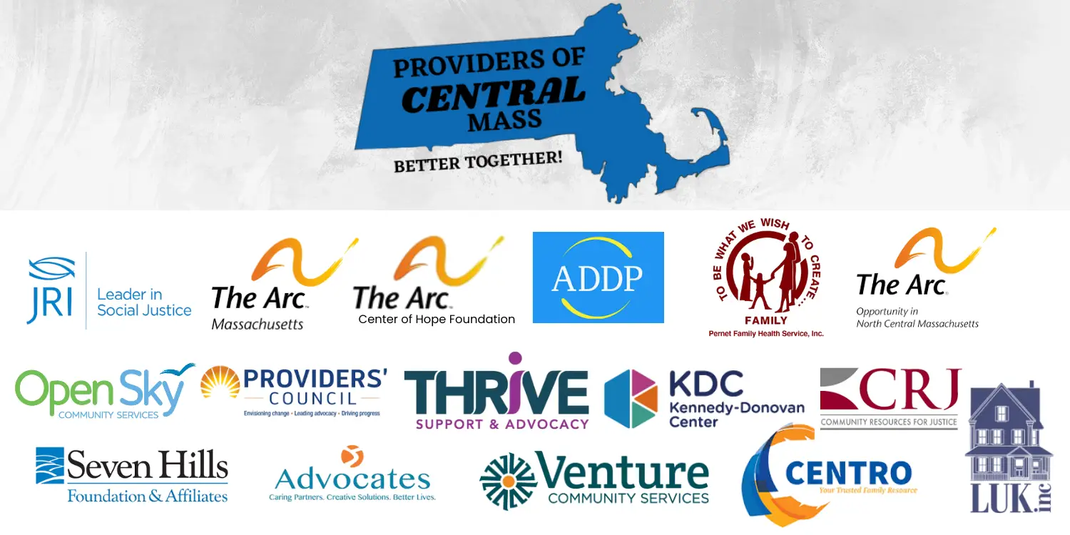 This graphic showcases a coalition called "Providers of Central Mass – Better Together!" and highlights various human services and social support organizations in Central Massachusetts.